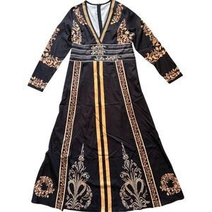 Source Unknown Black and Gold Long Sleeve V-Neck Maxi Dress